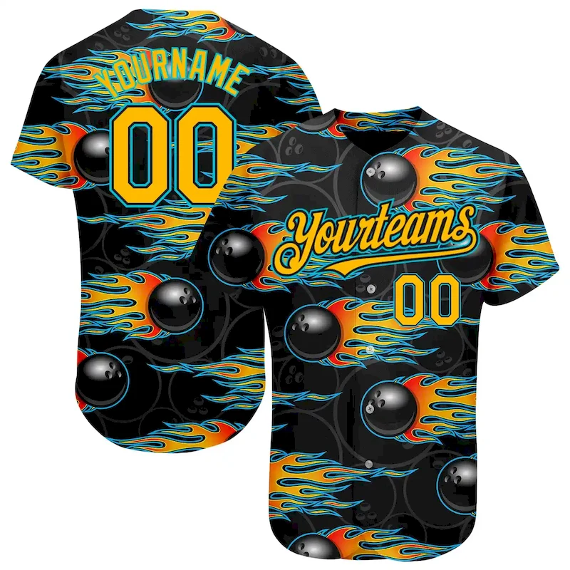 3DPattern1543.webp Custom Black Gold-Lakes Blue 3D Pattern Design Bowling Ball With Hotrod Flame Authentic Baseball Jersey - Image 1