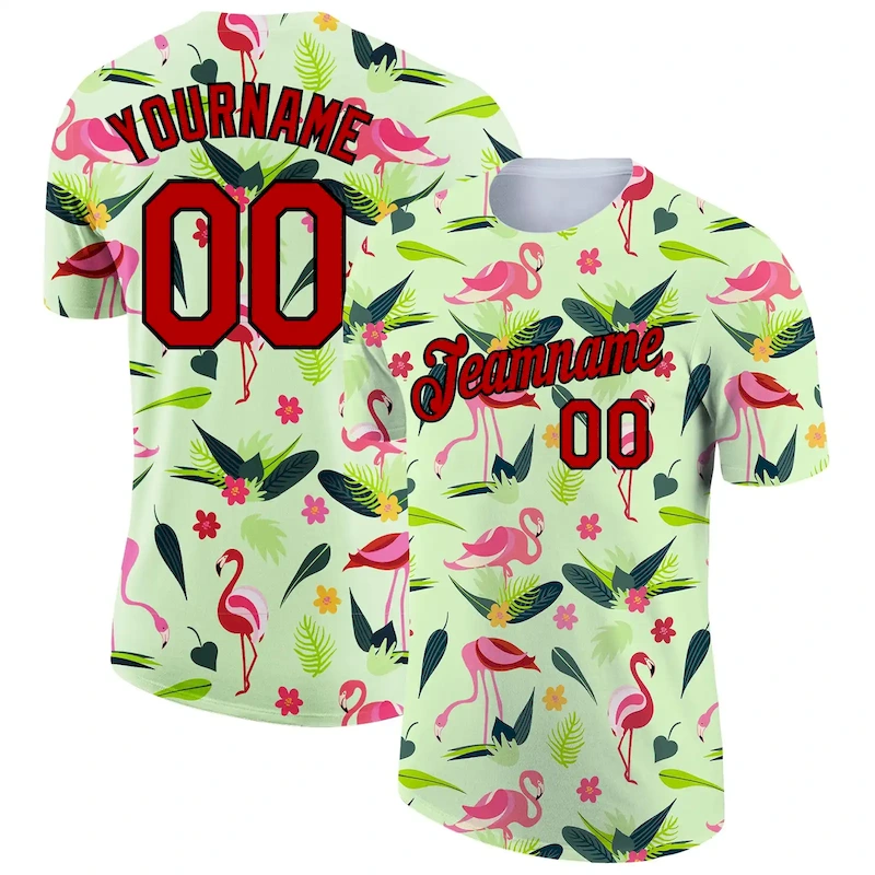3DPattern3757.webp Custom Pea Green Red-Black 3D Pattern Design Tropical Hawaii Flamingo Performance T-Shirt - Image 1