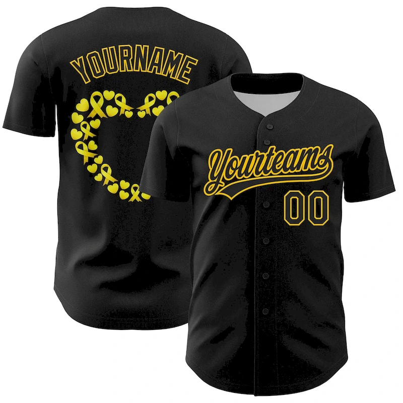 3DPattern6244.webp Custom Black Yellow 3D Childhood Cancer Gold Ribbon Authentic Baseball Jersey - Image 1