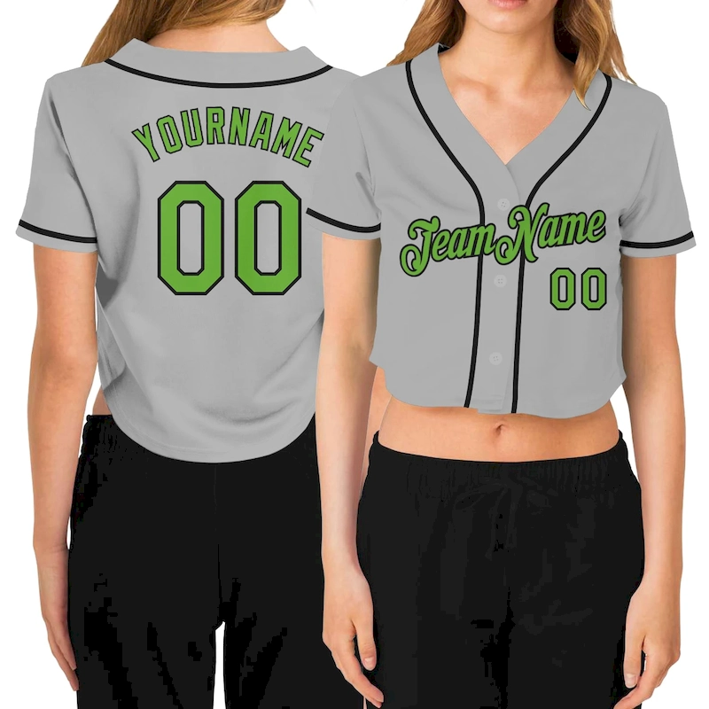 Cropped0253.webp Custom Women's Gray Neon Green-Black V-Neck Cropped Baseball Jersey - Image 1