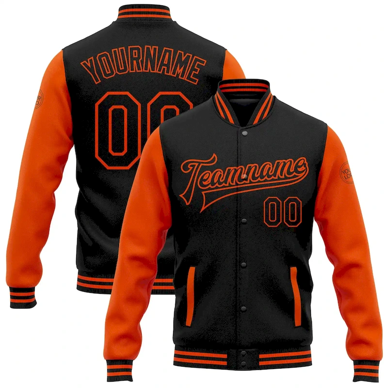 Jacket1616.webp Custom Black Orange Bomber Full-Snap Varsity Letterman Two Tone Jacket - Image 1
