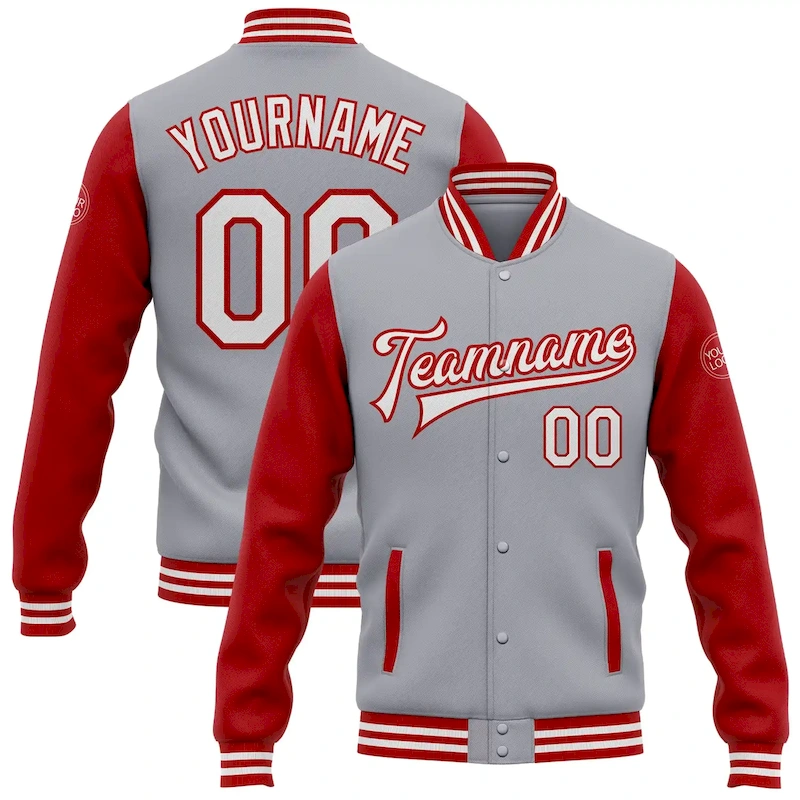 Jacket2065.webp Custom Gray White-Red Bomber Full-Snap Varsity Letterman Two Tone Jacket - Image 1