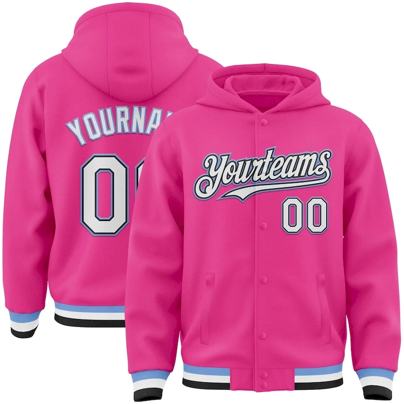 Jacket4104.webp Custom Pink Black-Light Blue Bomber Full-Snap Varsity Letterman Hoodie Jacket - Image 1