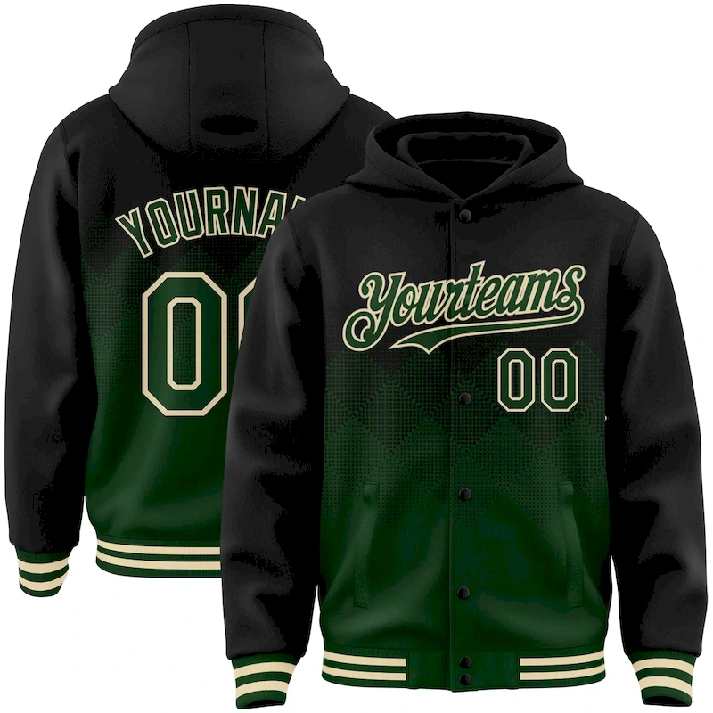 Jacket4355.webp Custom Black Green-Cream Gradient Square Shape 3D Pattern Design Bomber Full-Snap Varsity Letterman Hoodie Jacket - Image 1
