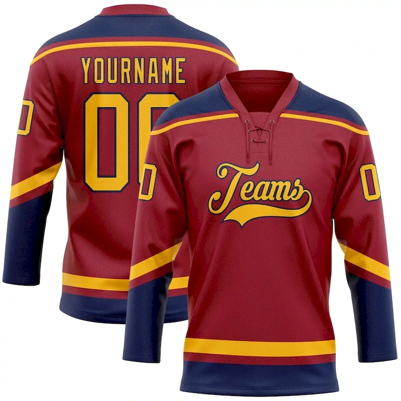 Maroon0113.webp Custom Maroon Gold-Navy Hockey Lace Neck Jersey - Image 1