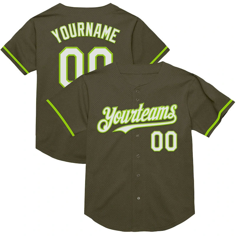 Olive0291.webp Custom Olive White-Neon Green Mesh Authentic Throwback Salute To Service Baseball Jersey - Image 1