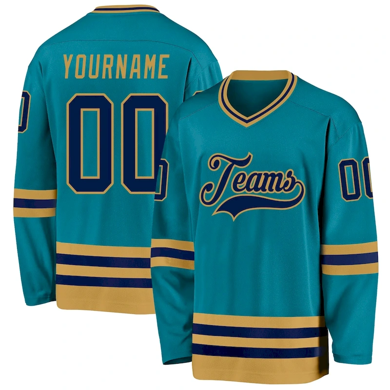 Teal0367.webp Custom Teal Navy-Old Gold Hockey Jersey - Image 1
