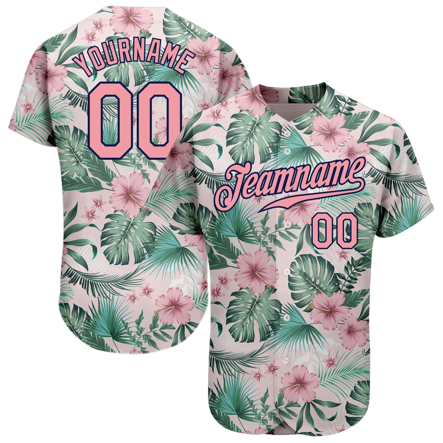 3DPattern1299_1500x.jpg Custom White Medium Pink-Navy 3D Pattern Design Hawaii Palm Leaves And Flowers Authentic Baseball Jersey - Image 1