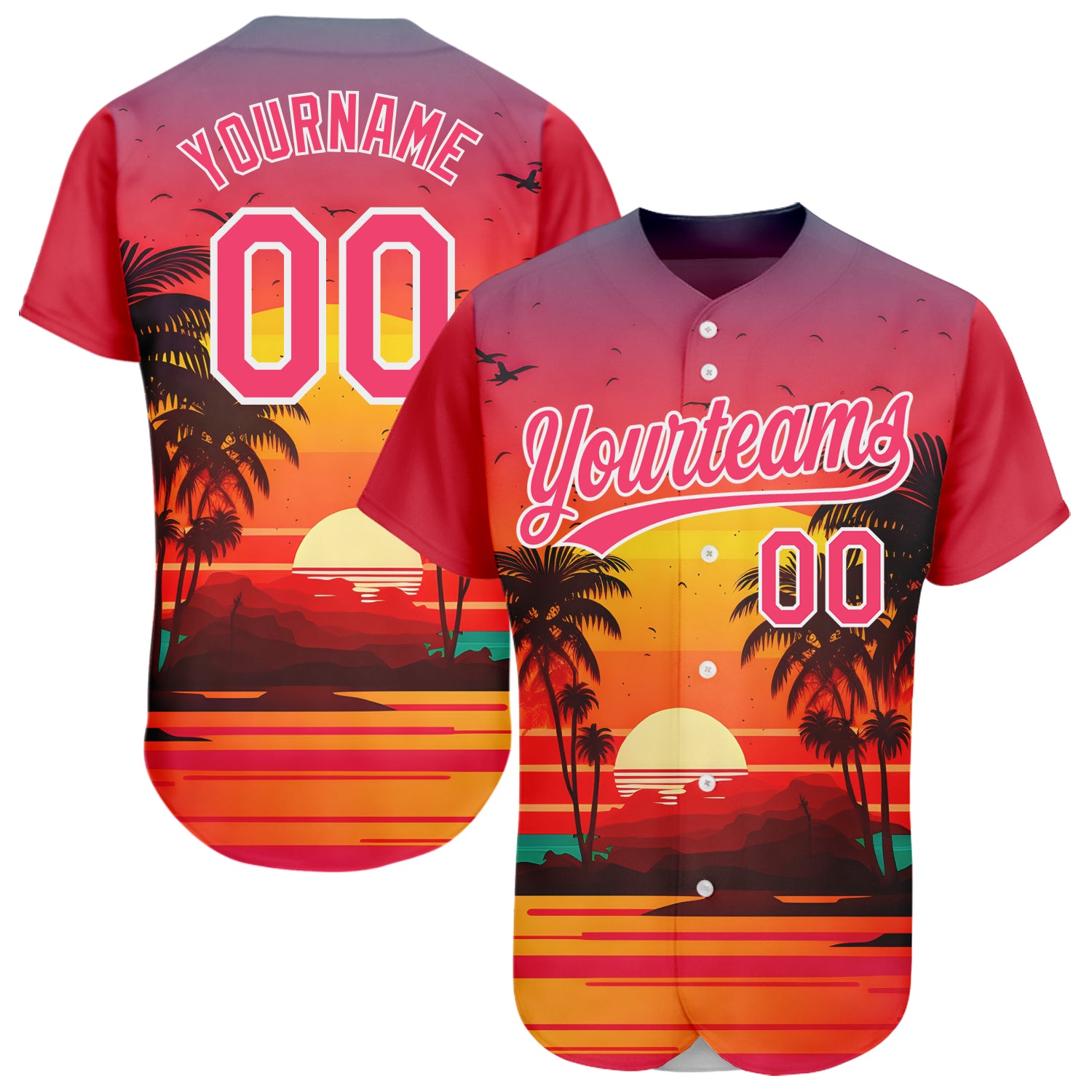 3DPattern2033_1500x.jpg Custom Neon Pink White 3D Pattern Design Hawaii Palm Trees And Beach Sunrise Authentic Baseball Jersey - Image 1